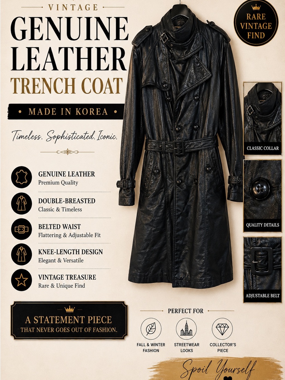 Vintage Black Genuine Leather Trench Coat🔥 Unisex
